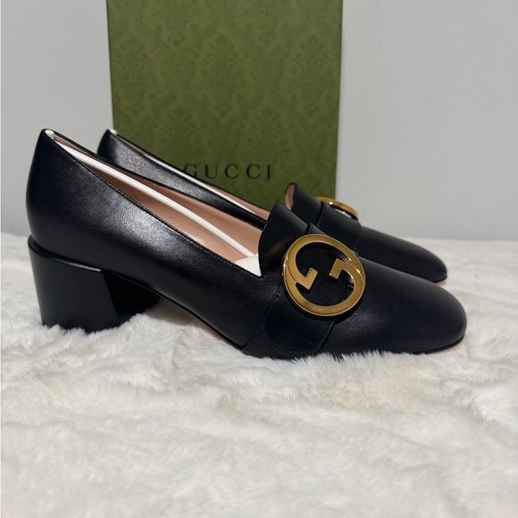 Gucci Blondie interlocking GG Block Heel Black Leather Women's Shoes - Picture 1 of 7